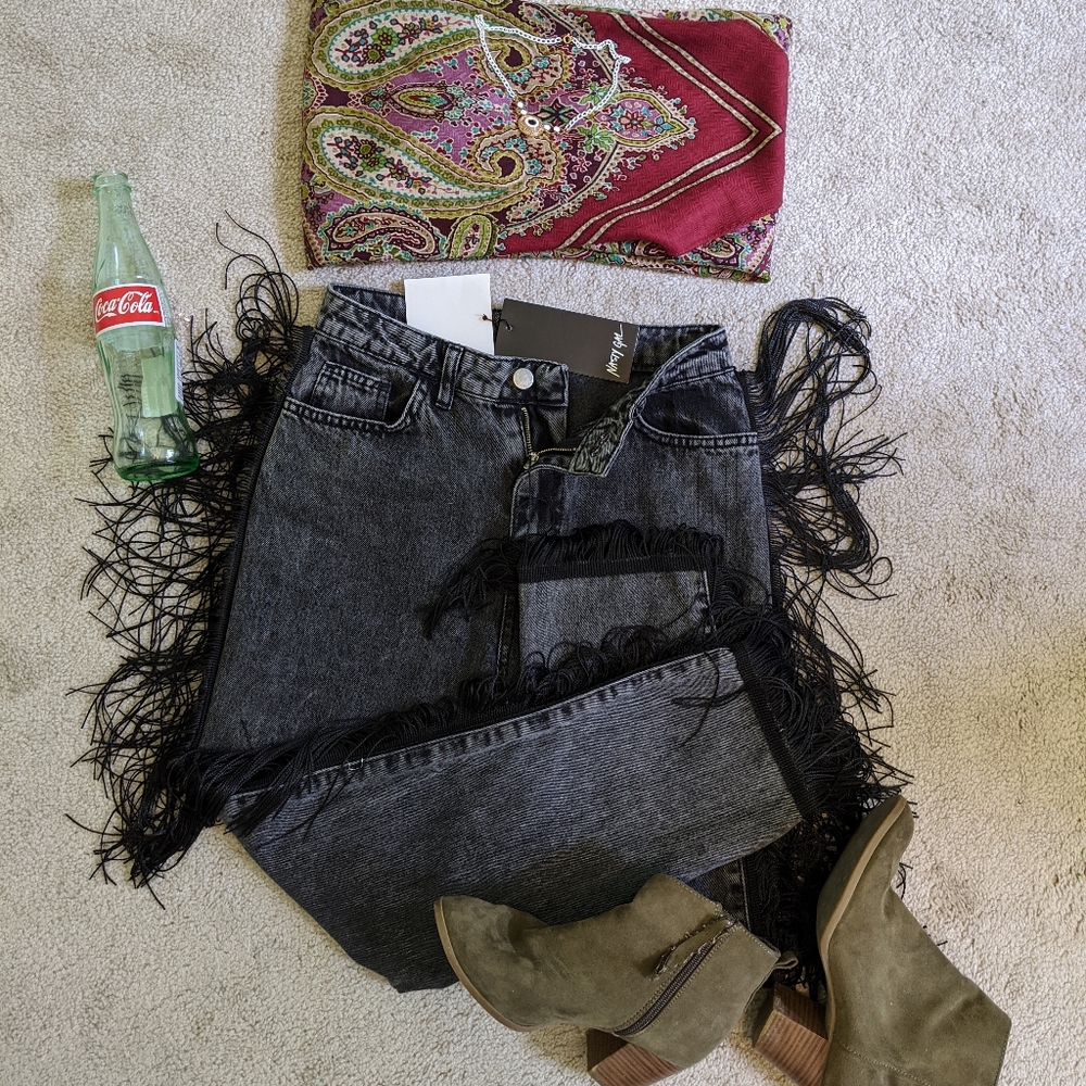 NWT Nasty Gal Black Wash Fringe Jeans